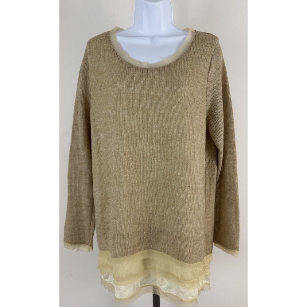 EASEL Beige Gauzy Knit Overlay Sweater Scoop Neck Raw Hem Pullover Sz L